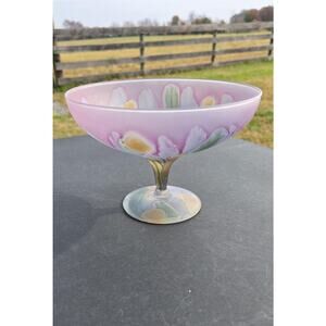 Rueven Art Glass Pedestal Compote Bowl Pink Frosted Floral Hand Painted Decor